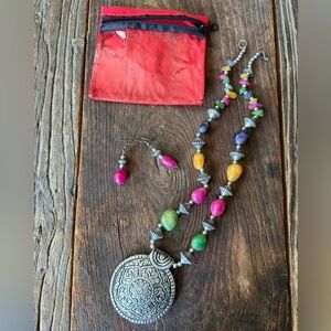 Bohemian Multicolor Beaded Pendant Necklace with Matching Earrings brand new